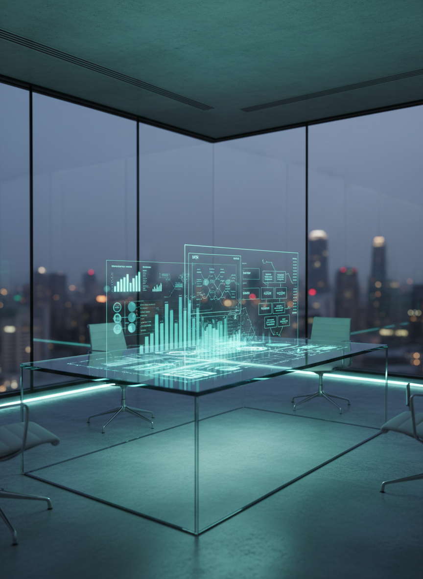 A sleek, glass-walled digital command center table displaying a vibrant, three-dimensional dashboard of KPIs, customer journey maps, and workflow diagrams in cool blues and teals. The table stands in a minimalist, high-rise office with floor-to-ceiling windows revealing a soft-focus city skyline at dusk. Discreet LED strips along the floor cast a gentle, cool glow, highlighting the clean lines and reflective surfaces. The mood is strategic, focused, and future-oriented. Photographic realism, captured at eye level with a slight wide-angle lens, sharp focus on the interactive table and a subtly blurred background, conveying the alignment of strategy, processes, and technology in a modern, professional aesthetic.